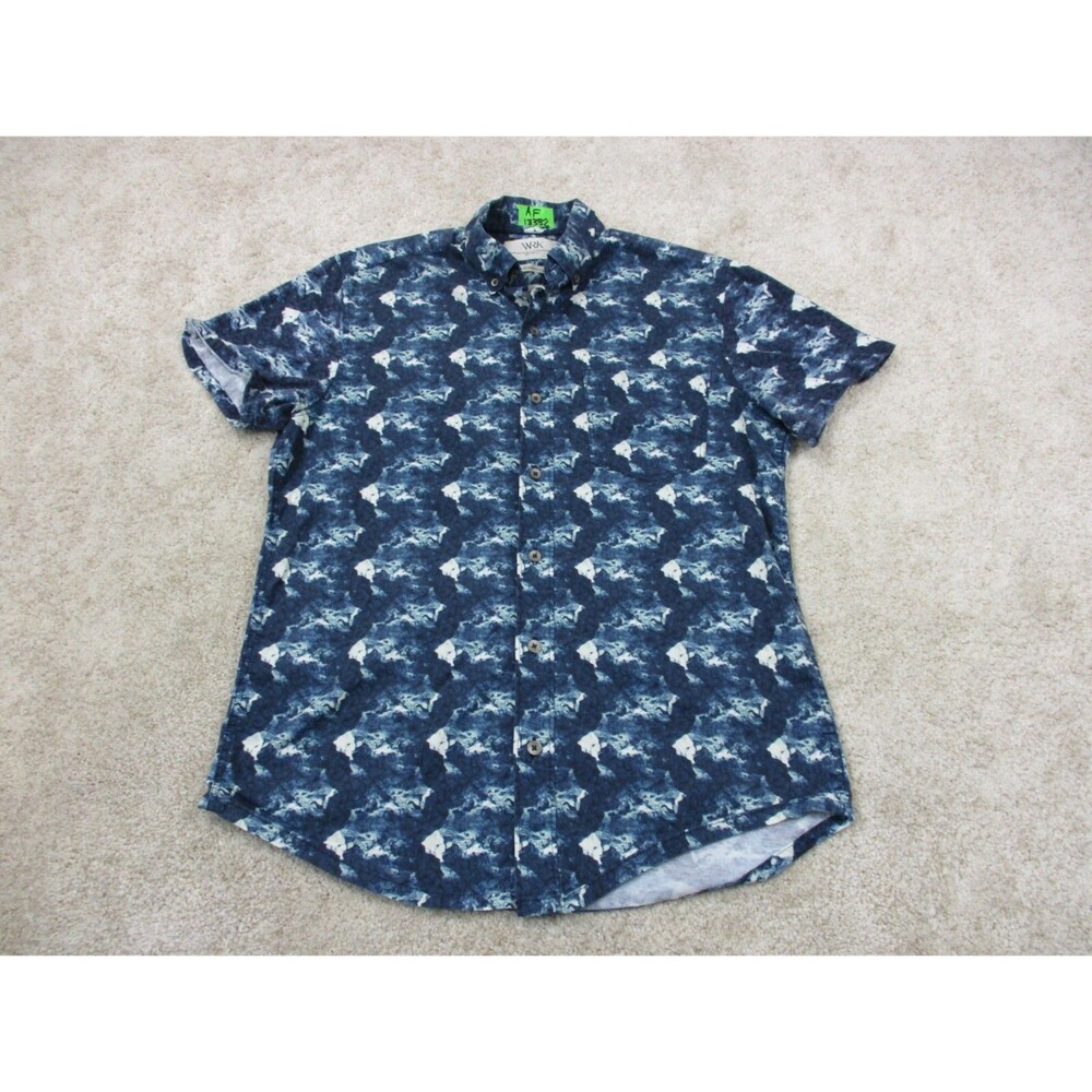 WRK Shirt Mens Small Blue Print Reworked Work Rest Karma Short Sleeve Button Up